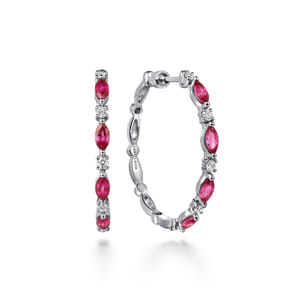 14K White Gold Diamonds and Marquise Ruby Classic Hoop Earrings