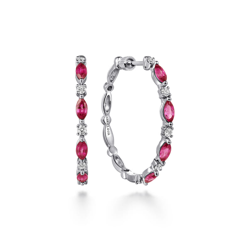 14K White Gold Diamonds and Marquise Ruby Classic Hoop Earrings - 0.35 ct - Shot 1