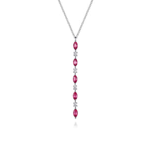 14K White Gold Diamonds and Marquise Ruby Vertical Bar Necklace