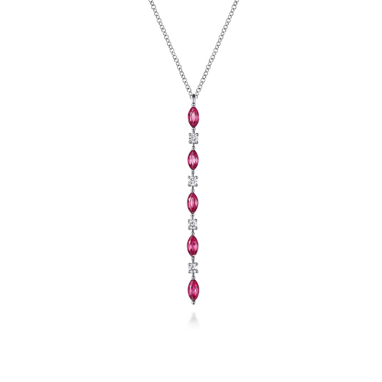 14K White Gold Diamonds and Marquise Ruby Vertical Bar Necklace - 0.14 ct - Shot 1