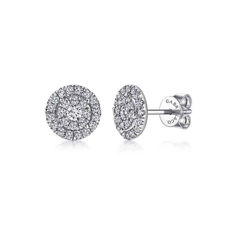 14K White Gold Double Diamond Halo Stud Earrings - 0.5 ct - Shot 1