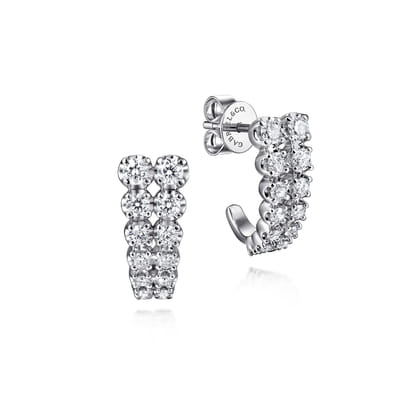 14K White Gold Double Diamond J Hoop Earrings