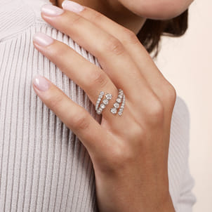 14K White Gold Double Row Diamond Bypass Ladies Ring