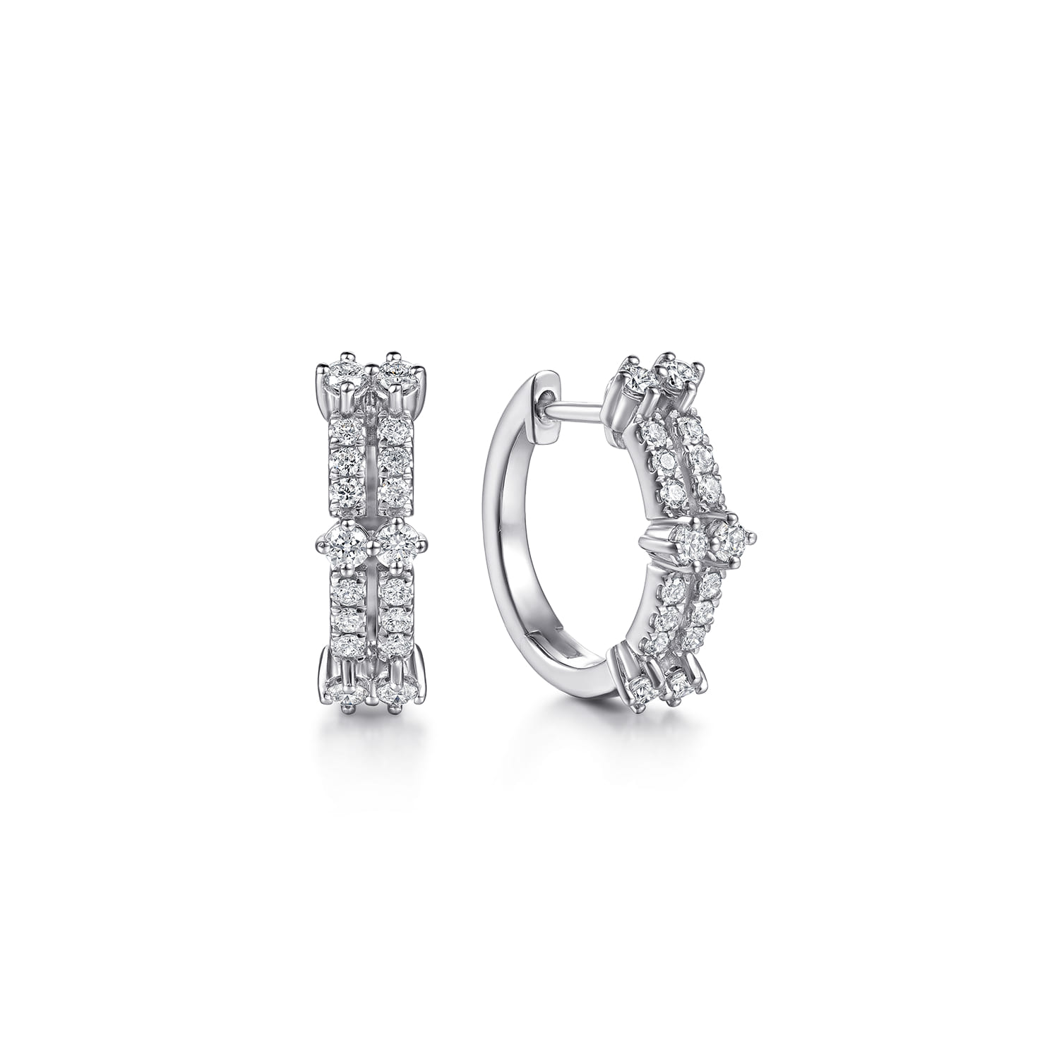 14K White Gold Double Row Diamond Huggie Earrings - 0.45 ct - Shot 1