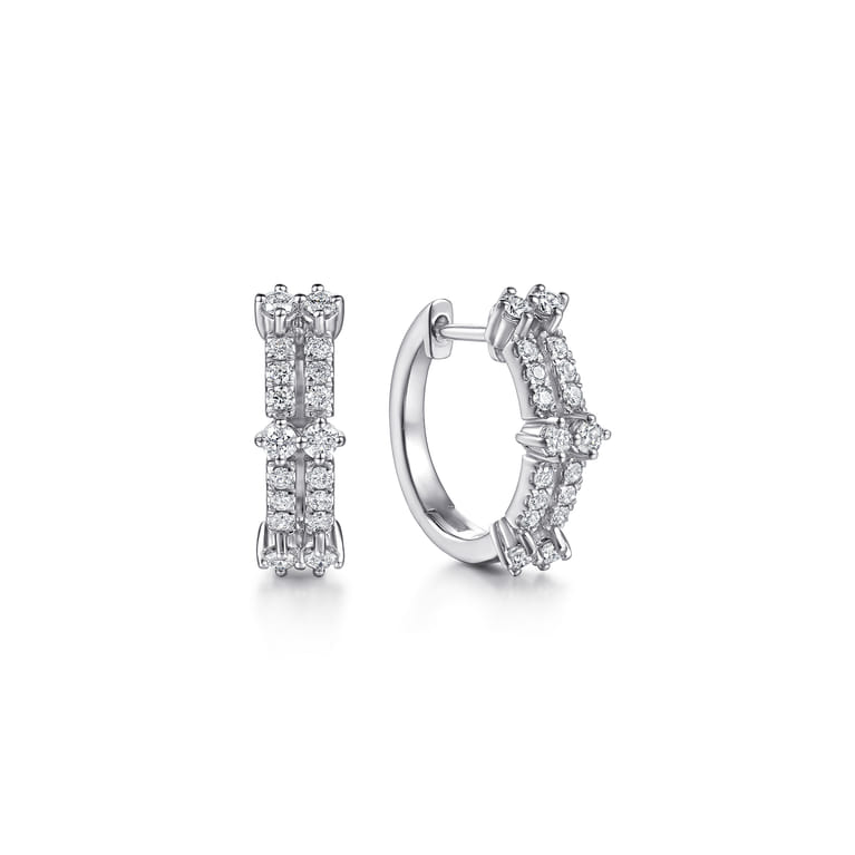 14K White Gold Double Row Diamond Huggie Earrings - 0.45 ct - Shot 1
