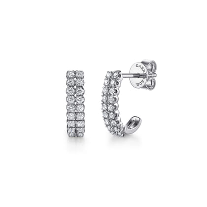 14K White Gold Double Row Diamond J Hoop Earrings
