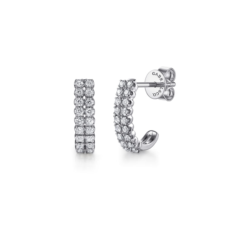 14K White Gold Double Row Diamond J Hoop Earrings - 0.35 ct - Shot 1