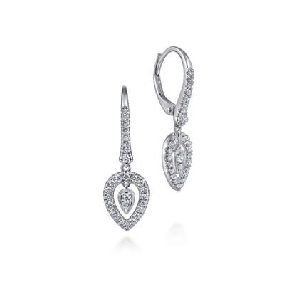 14K White Gold Double Teardrop Leverback Diamond Earrings