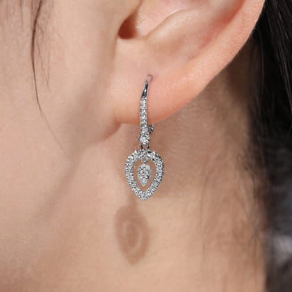 14K White Gold Double Teardrop Leverback Diamond Earrings