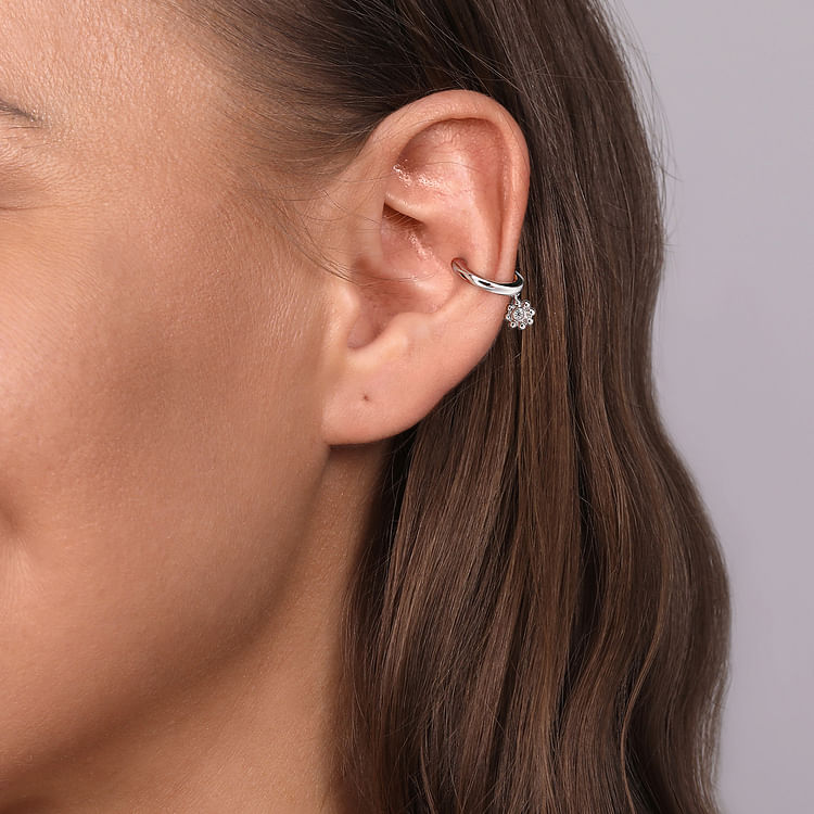 14K White Gold Ear Cuff With Hanging Bujukan Ball and Diamond Cluster