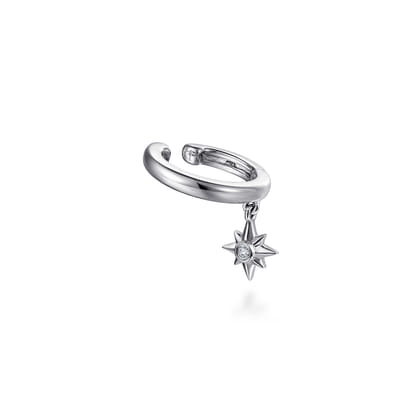 14K White Gold Ear Cuff With Hanging Diamond StarBurst