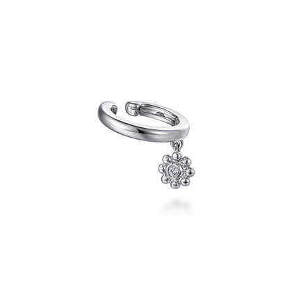 14K White Gold Ear Cuff with Hanging Bujukan Ball and Diamond Cluster