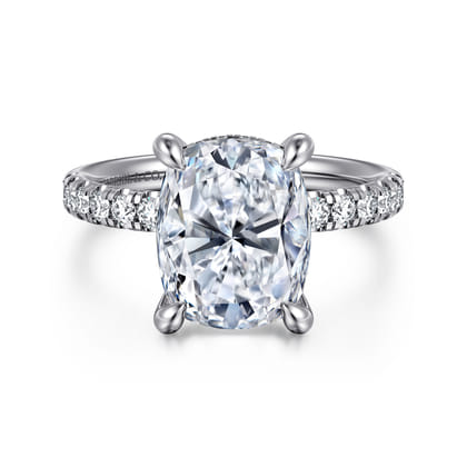 14K White Gold Elongated Cushion Hidden Halo Diamond Engagement Ring