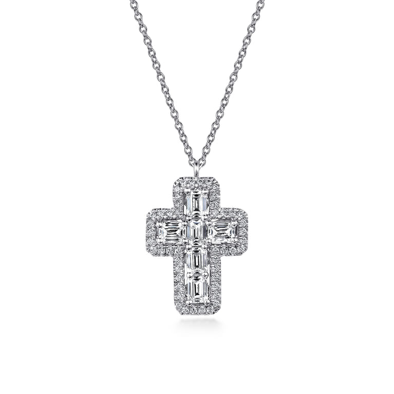 14K White Gold Emerald Cut Diamond Cross Necklace - 1.5 ct - Shot 1