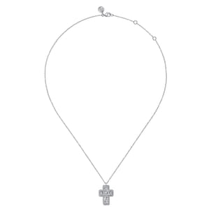 14K White Gold Emerald Cut Diamond Cross Necklace