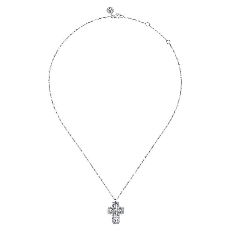 14K White Gold Emerald Cut Diamond Cross Necklace - 1.5 ct - Shot 2