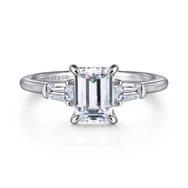 Emerald Cut Three Stone Diamond Engagement Ring in White Gold