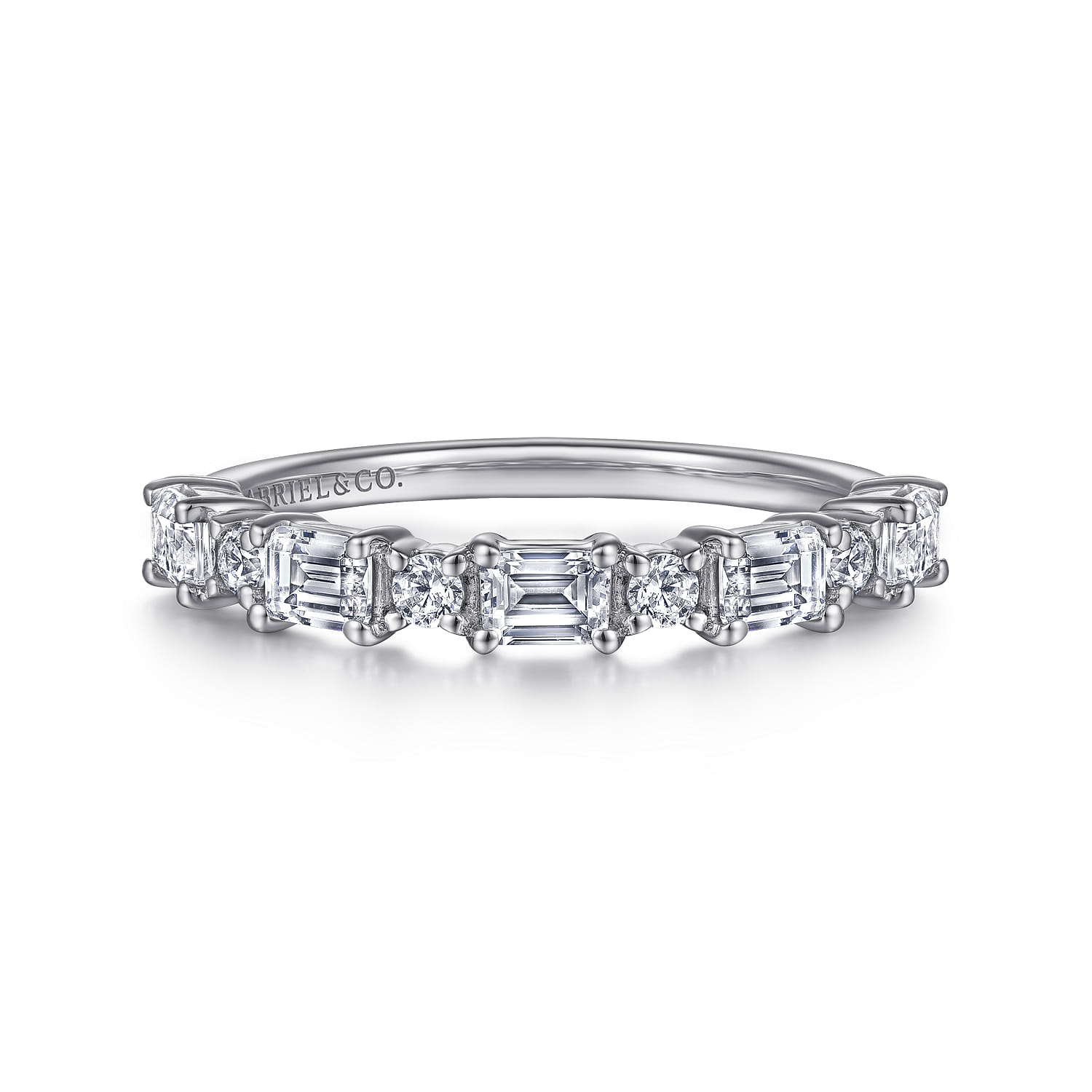 Straight Wedding Ring in 14k White Gold with Emerald Cut Natural Diamond at Gabriel & Co. - Shot 1