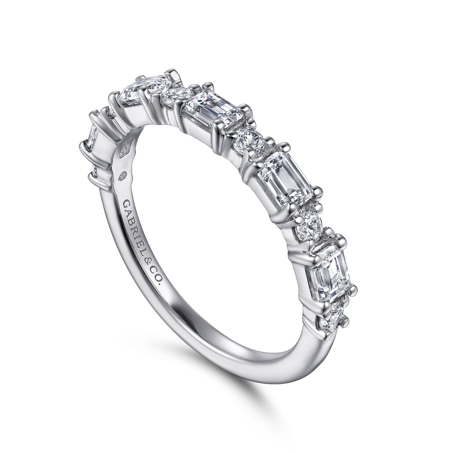 Straight Wedding Ring in 14k White Gold with Emerald Cut Natural Diamond at Gabriel & Co. - Shot 3