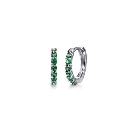 14K White Gold Emerald Huggie Earrings