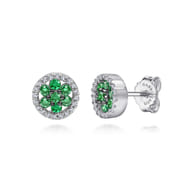 14K White Gold Emerald and Diamond Flower Stud Earrings