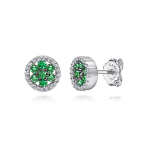 14K White Gold Emerald and Diamond Flower Stud Earrings