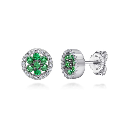 14K White Gold Emerald and Diamond Flower Stud Earrings