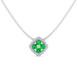 14K White Gold Emerald and Diamond Halo Floral Pendant Necklace
