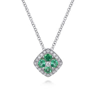 14K White Gold Emerald and Diamond Halo Floral Pendant Necklace