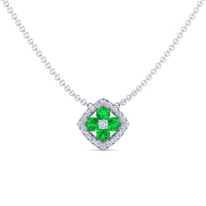 14K White Gold Emerald and Diamond Halo Floral Pendant Necklace