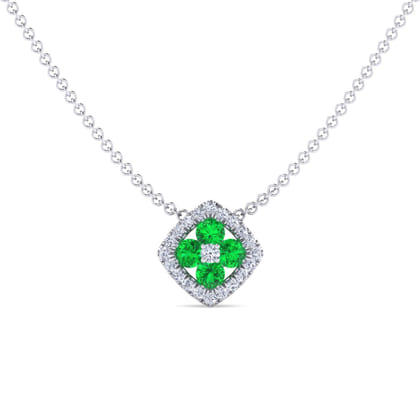 14K White Gold Emerald and Diamond Halo Floral Pendant Necklace