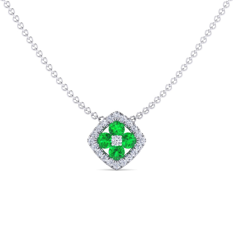 14K White Gold Emerald and Diamond Halo Floral Pendant Necklace - 0.14 ct - Shot 1