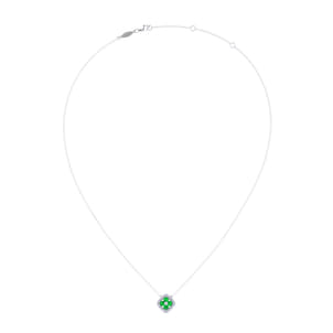 14K White Gold Emerald and Diamond Halo Floral Pendant Necklace
