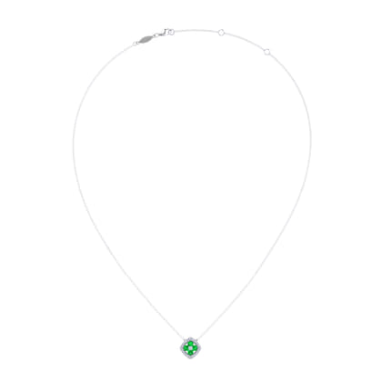 14K White Gold Emerald and Diamond Halo Floral Pendant Necklace