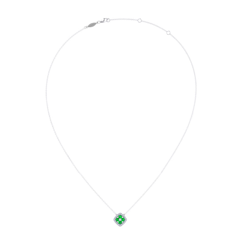 14K White Gold Emerald and Diamond Halo Floral Pendant Necklace - 0.14 ct - Shot 2