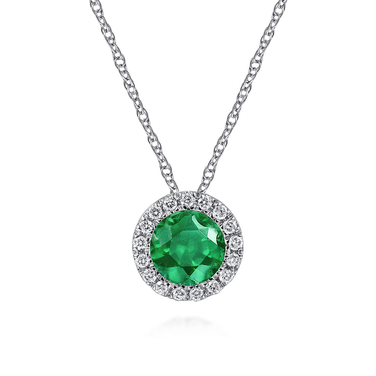 14K White Gold Emerald and Diamond Halo Pendant Necklace - 0.06 ct - Shot 1