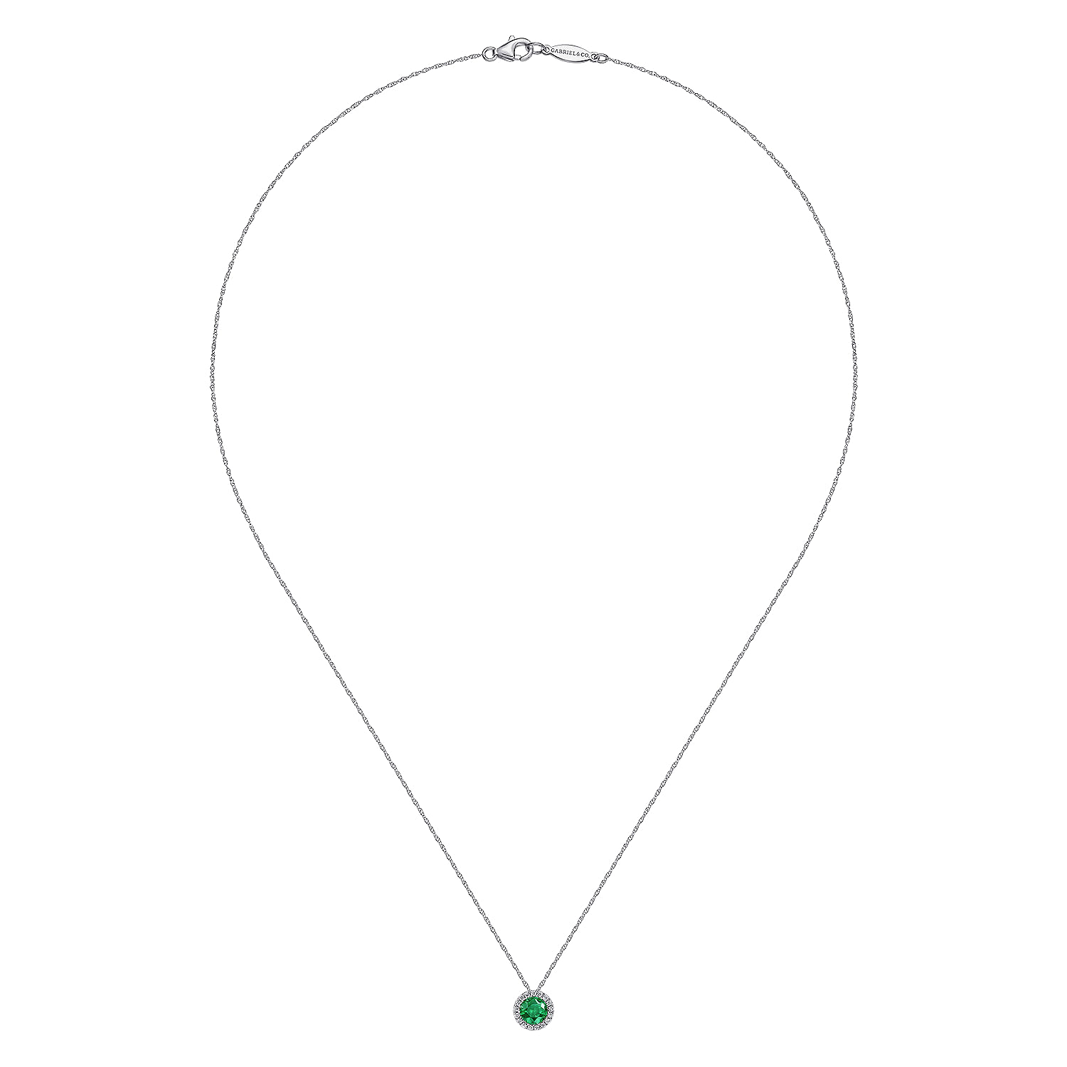 14K White Gold Emerald and Diamond Halo Pendant Necklace - 0.06 ct - Shot 2