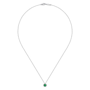 14K White Gold Emerald and Diamond Halo Pendant Necklace