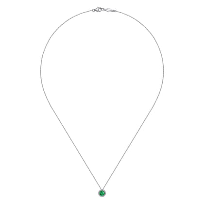 14K White Gold Emerald and Diamond Halo Pendant Necklace