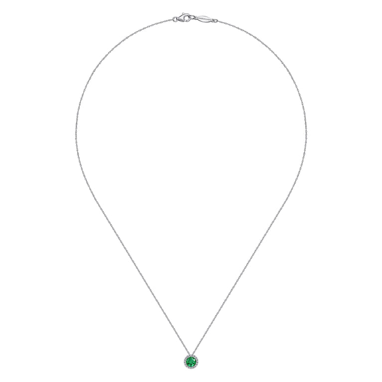 14K White Gold Emerald and Diamond Halo Pendant Necklace - 0.06 ct - Shot 2