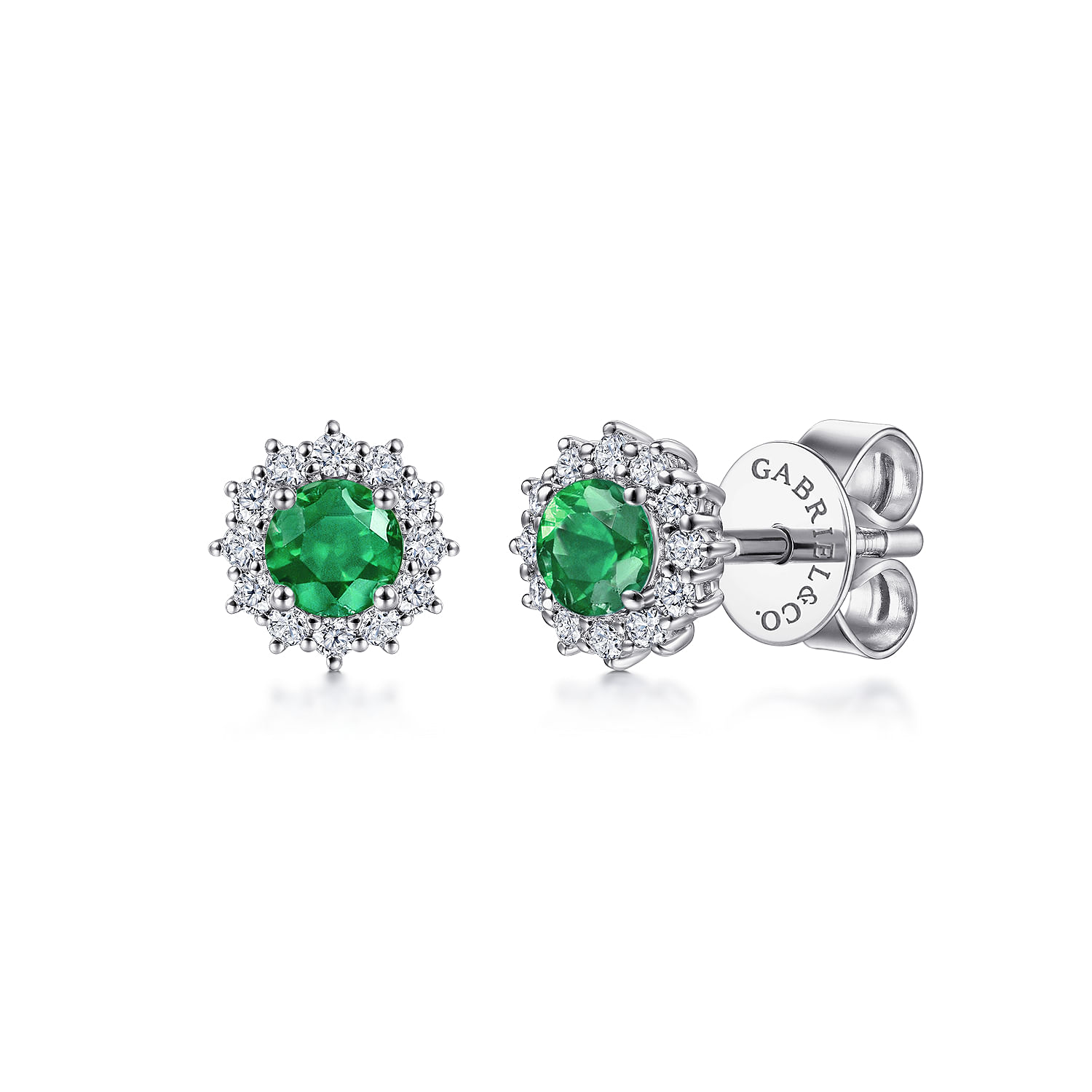 14K White Gold Emerald and Diamond Halo Stud Earrings - 0.24 ct - Shot 1