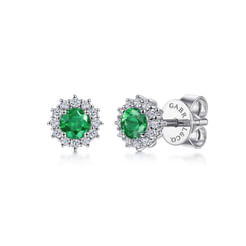 14K White Gold Emerald and Diamond Halo Stud Earrings
