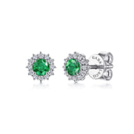 14K White Gold Emerald and Diamond Halo Stud Earrings