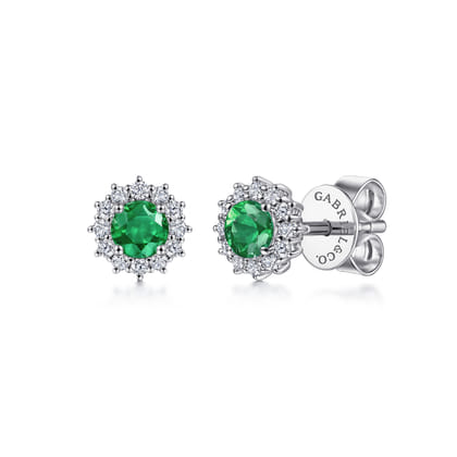 14K White Gold Emerald and Diamond Halo Stud Earrings