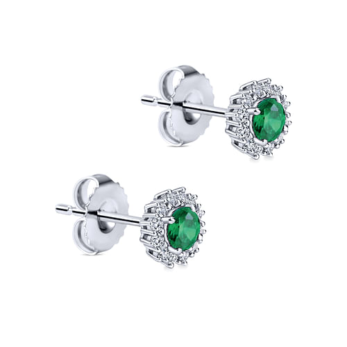 14K White Gold Emerald and Diamond Halo Stud Earrings - 0.24 ct - Shot 2