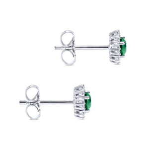 14K White Gold Emerald and Diamond Halo Stud Earrings