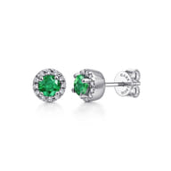 14K White Gold Emerald and Diamond Halo Stud Earrings