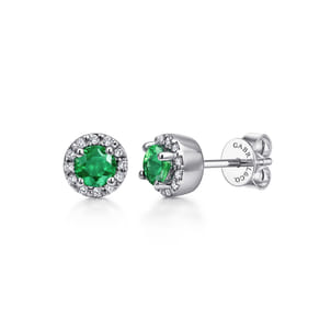 14K White Gold Emerald and Diamond Halo Stud Earrings