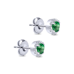 14K White Gold Emerald and Diamond Halo Stud Earrings