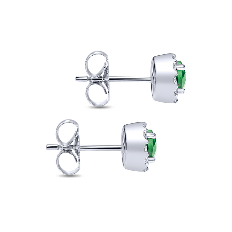 14K White Gold Emerald and Diamond Halo Stud Earrings